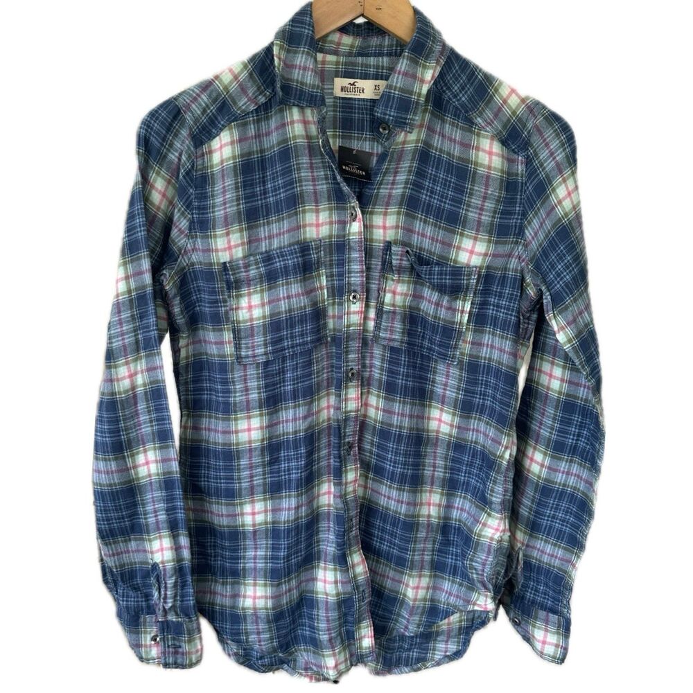 Hollister NWT Women's 100% Cotton Long Sleeve Button Down Plaid Flannel Shirt XS